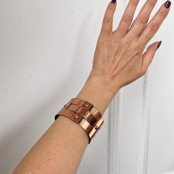 VTG Signed Renoir Copper Brutalist Cuff Bracelet  MCM Woven Riveted Metal Unisex - Picture 3 of 9
